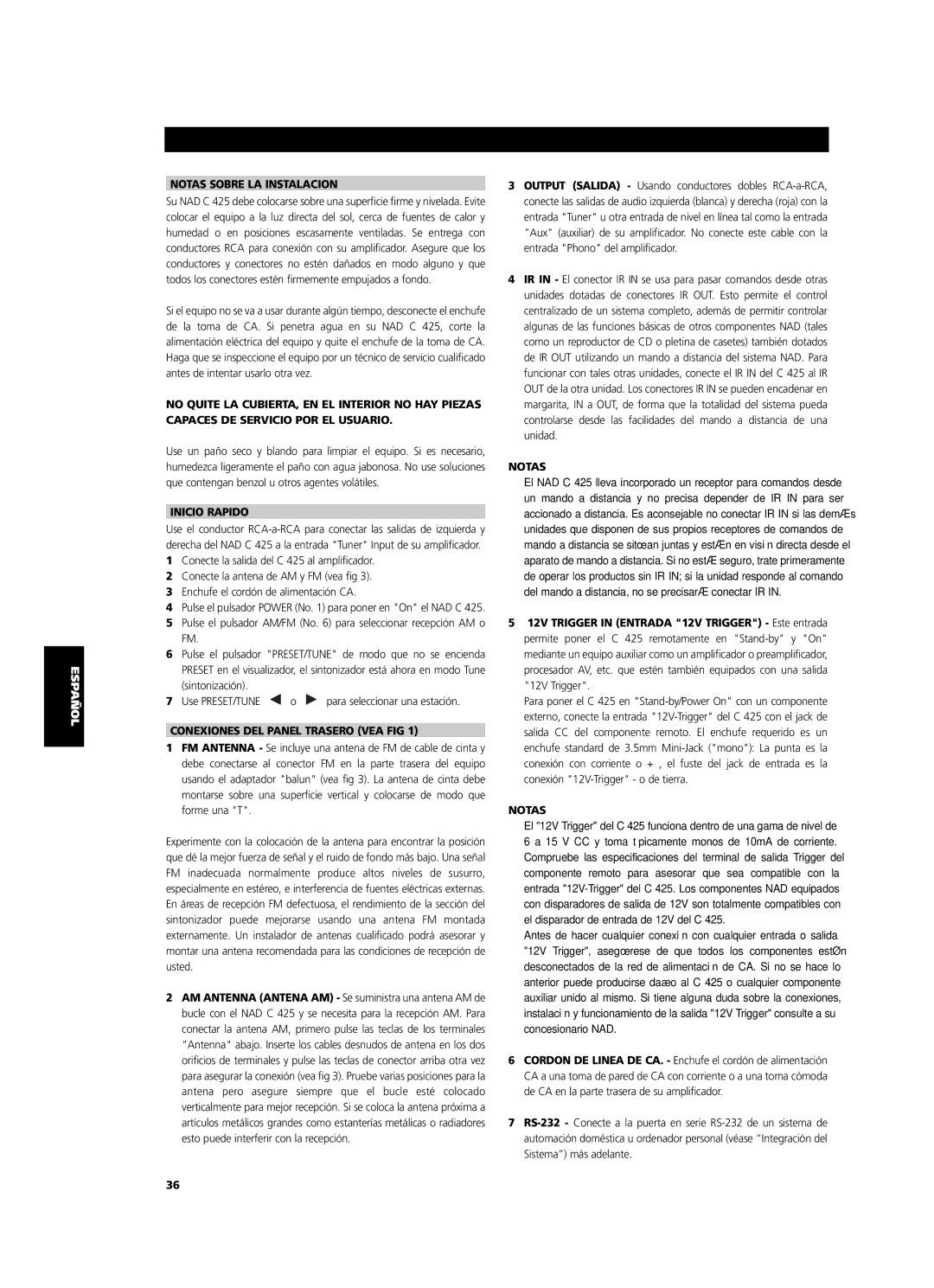 NAD C 425 owner manual Notas Sobre LA Instalacion, Inicio Rapido, Conexiones DEL Panel Trasero VEA FIG 