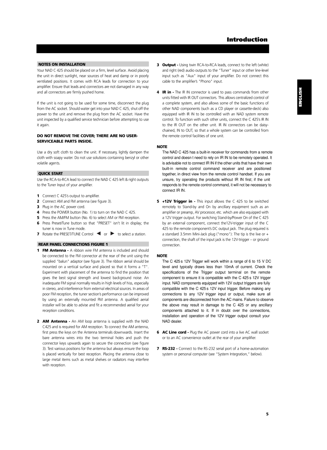 NAD C 425 owner manual Quick Start, Rear Panel Connections Figure 