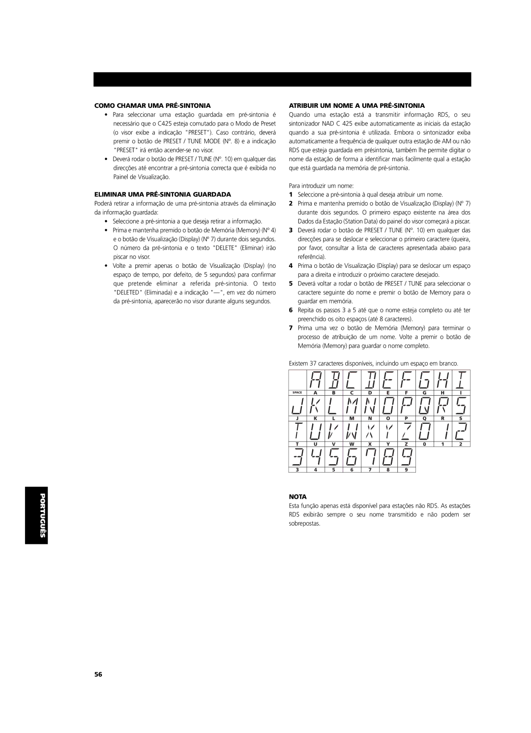 NAD C 425 Como Chamar UMA PRÉ-SINTONIA, Eliminar UMA PRÉ-SINTONIA Guardada, Atribuir UM Nome a UMA PRÉ-SINTONIA 