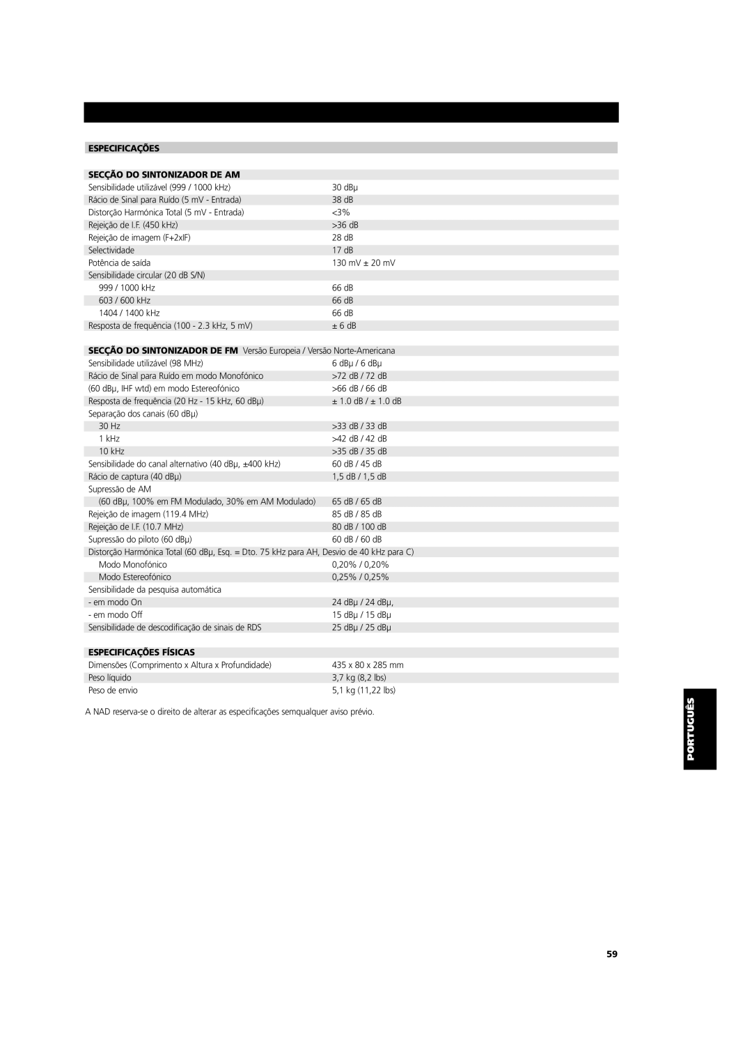 NAD C 425 owner manual Especificações Secção do Sintonizador DE AM, Especificações Físicas 