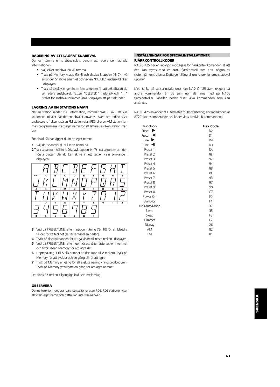 NAD C 425 owner manual Radering AV ETT Lagrat Snabbval, Lagring AV EN Stations Namn 