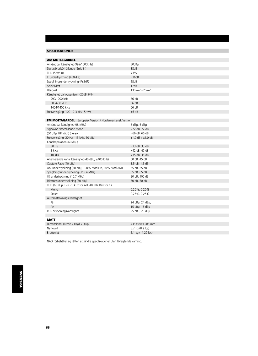 NAD C 425 owner manual Specifikationer AM Mottagardel, 65 dB, 65 dB, Mått 