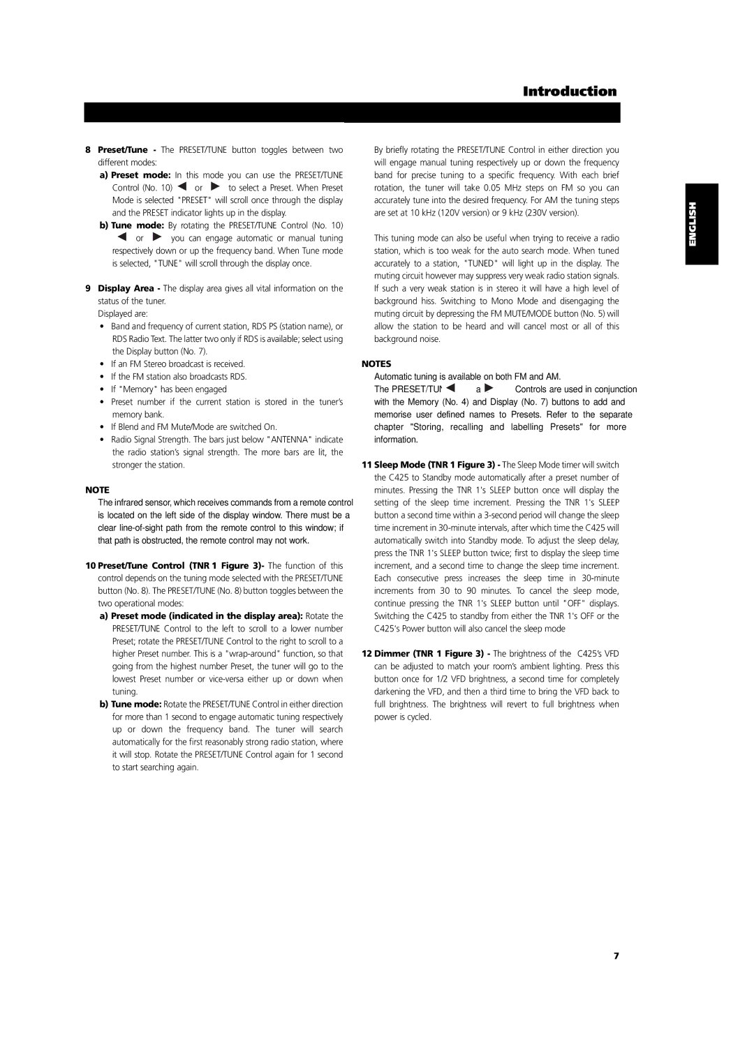 NAD C 425 owner manual Tune mode By rotating the PRESET/TUNE Control No 