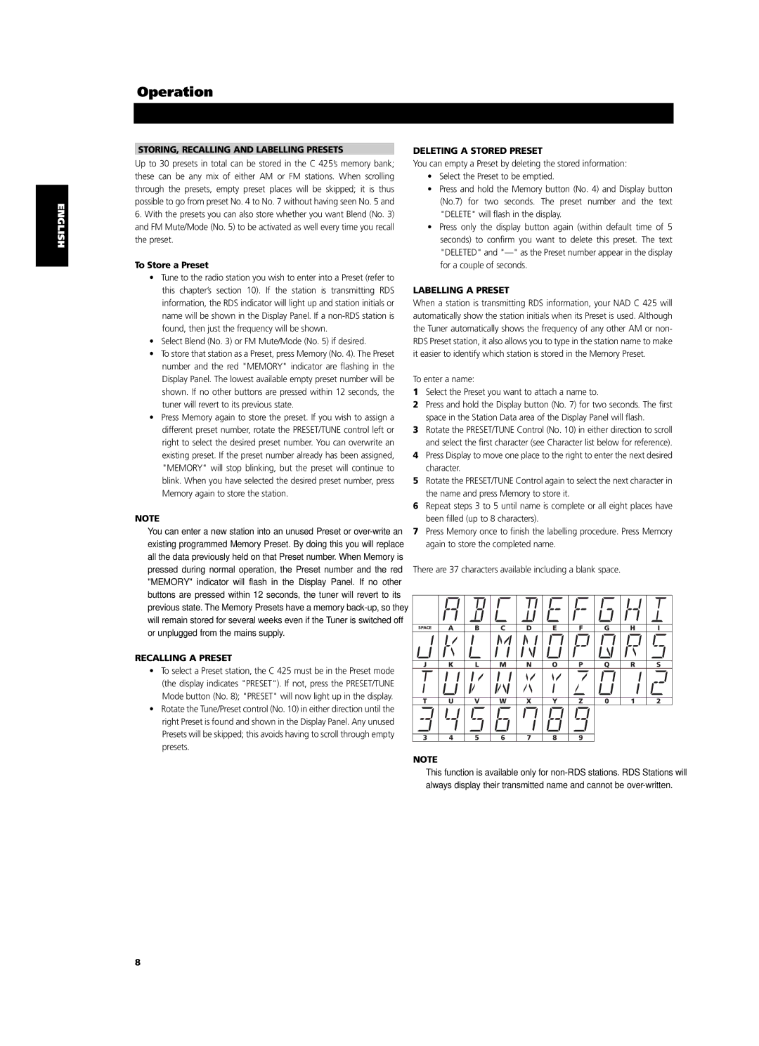 NAD C 425 STORING, Recalling and Labelling Presets, To Store a Preset, Recalling a Preset, Deleting a Stored Preset 