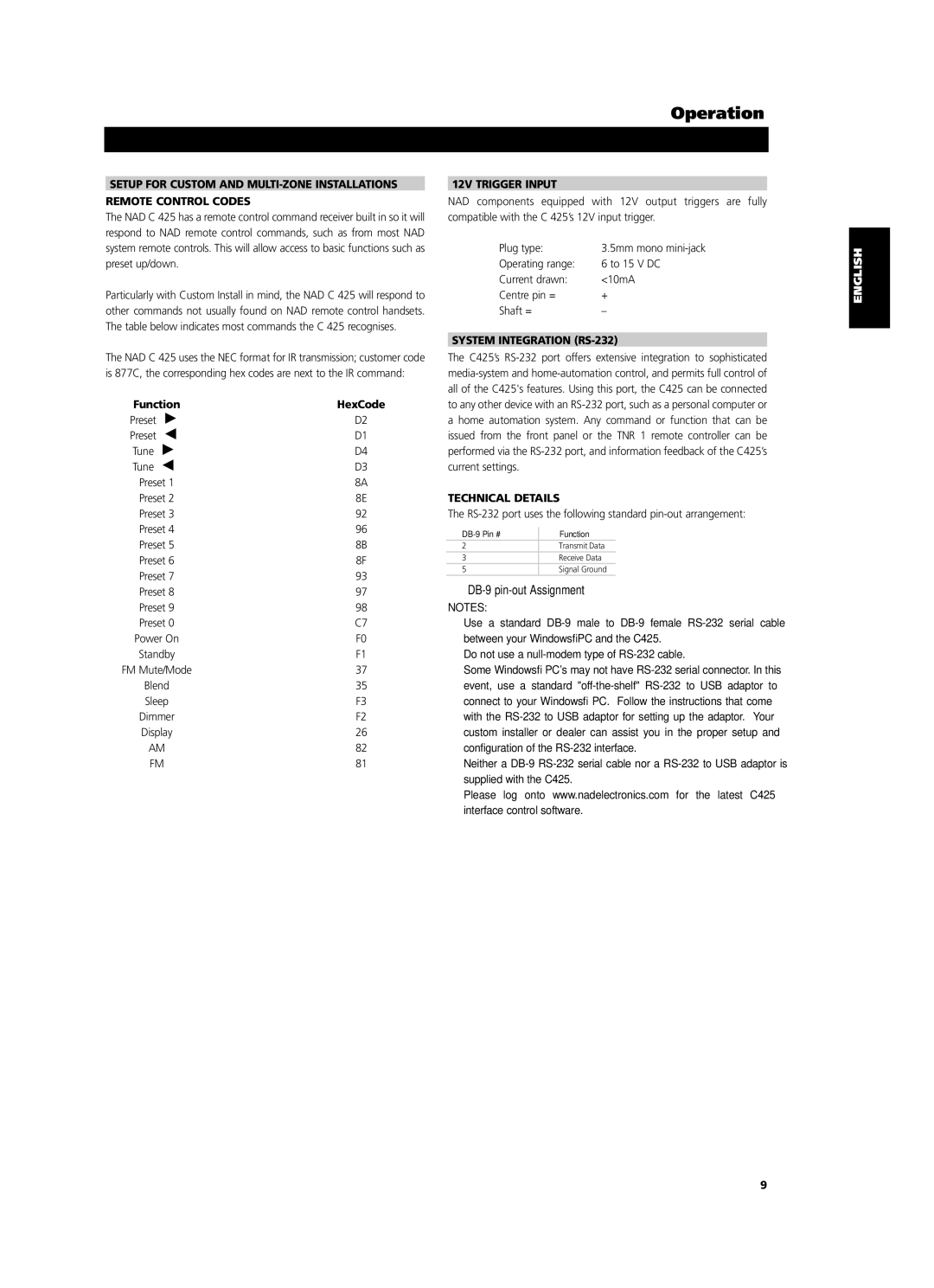 NAD C 425 owner manual 12V Trigger Input, System Integration RS-232, Technical Details 