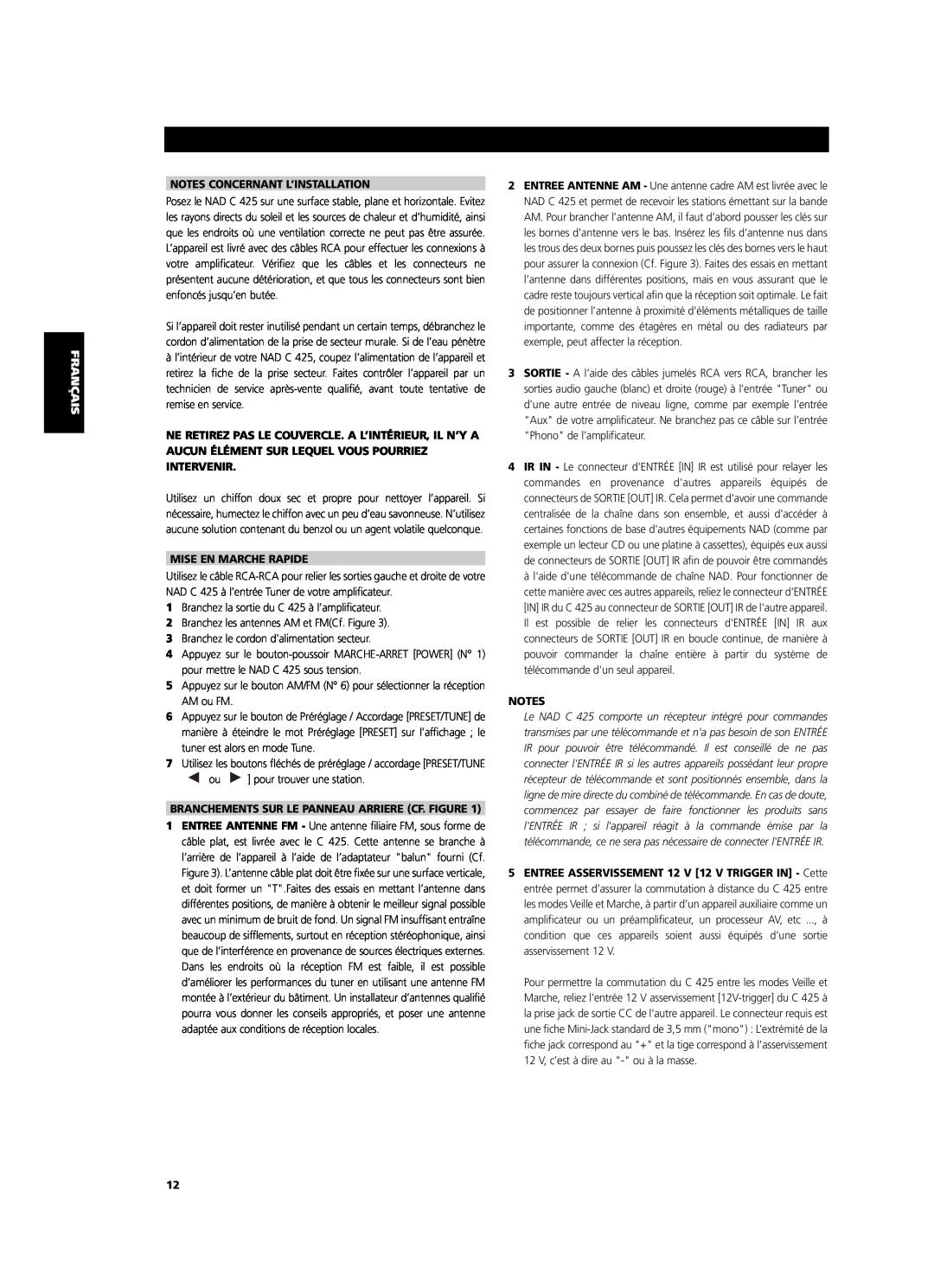 NAD C 425 Svenska, Notes Concernant L’Installation, Mise En Marche Rapide, Branchements Sur Le Panneau Arriere Cf. Figure 