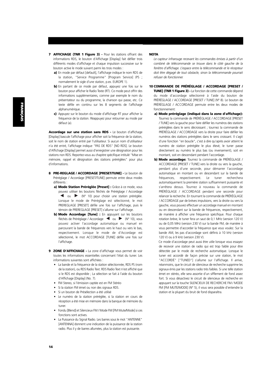 NAD C 425 owner manual Nota, Commande De Préréglage / Accordage Preset 