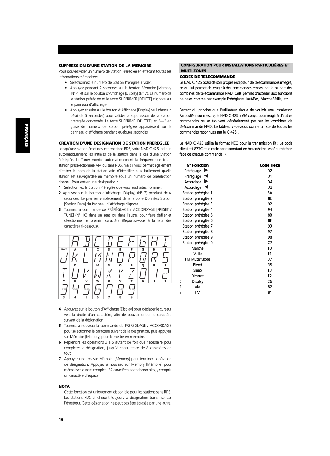 NAD C 425 owner manual Suppression D’Une Station De La Memoire, Multi-Zones, Codes De Telecommande, Code Hexa, Nota 
