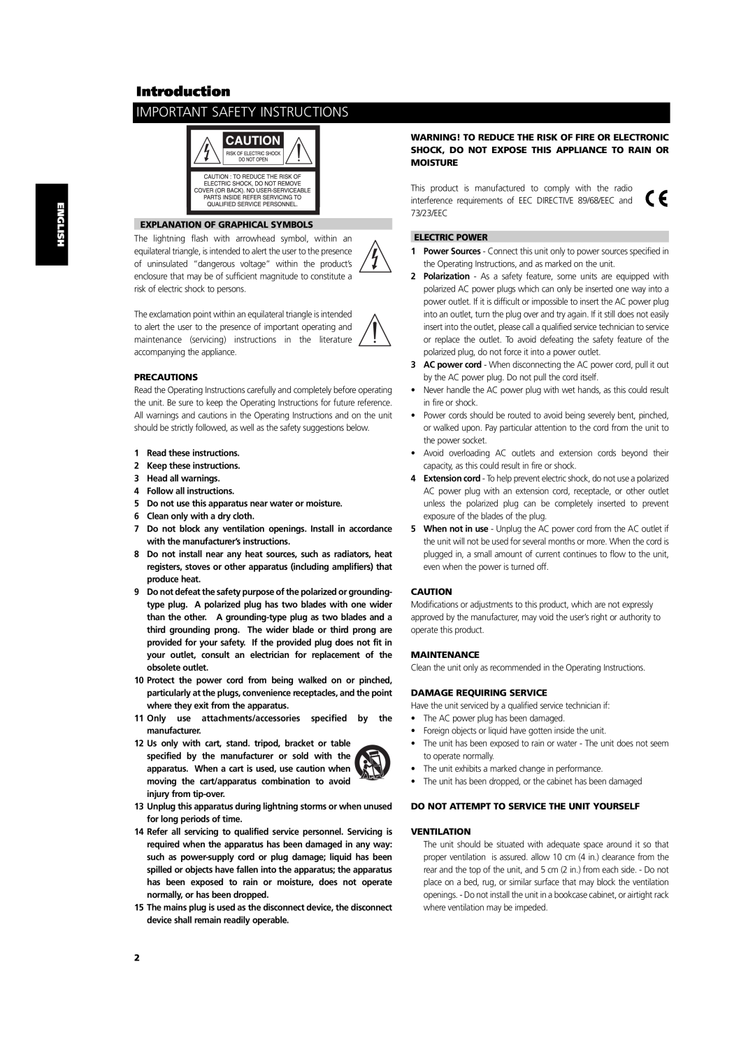 NAD C 425 Introduction, Important Safety Instructions, Explanation Of Graphical Symbols, Precautions, Electric Power 
