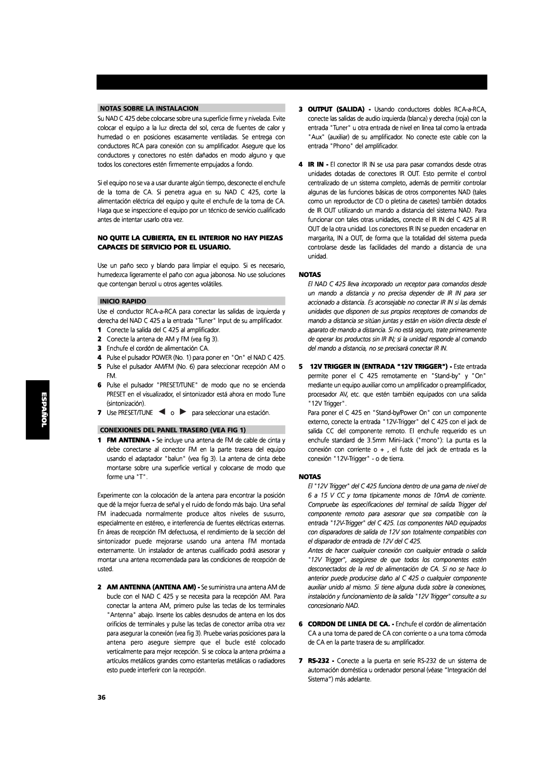 NAD C 425 owner manual Notas Sobre La Instalacion, Inicio Rapido, Conexiones Del Panel Trasero Vea Fig 