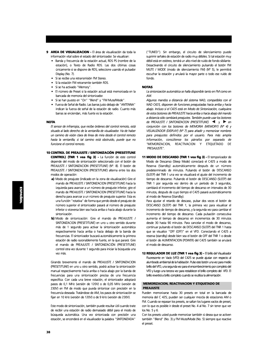 NAD C 425 owner manual Notas, Memorizacion, Reactivacion Y Etiquetado De, Preajuste 