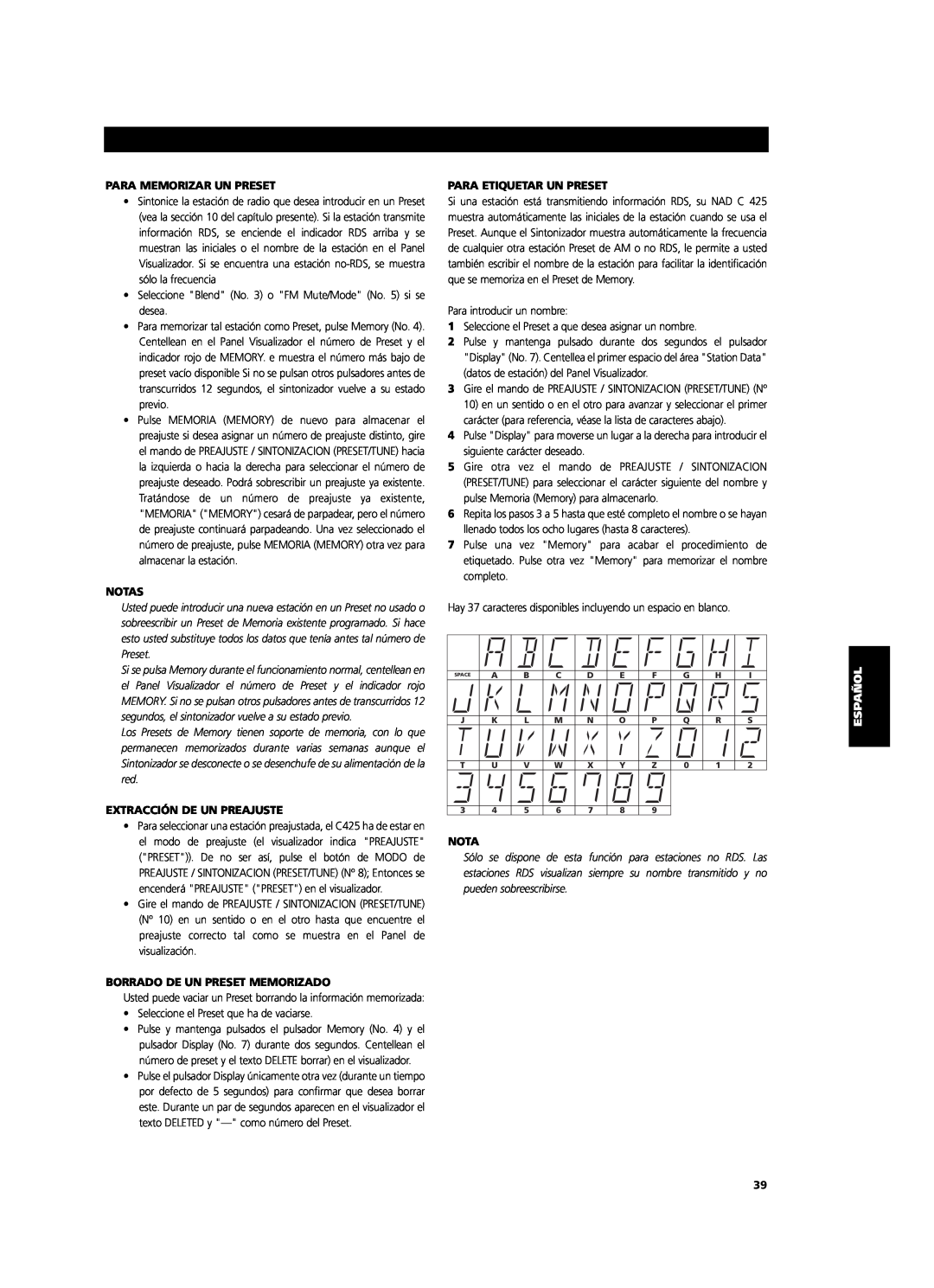NAD C 425 owner manual Para Memorizar Un Preset, Notas, Extracción De Un Preajuste, Borrado De Un Preset Memorizado 