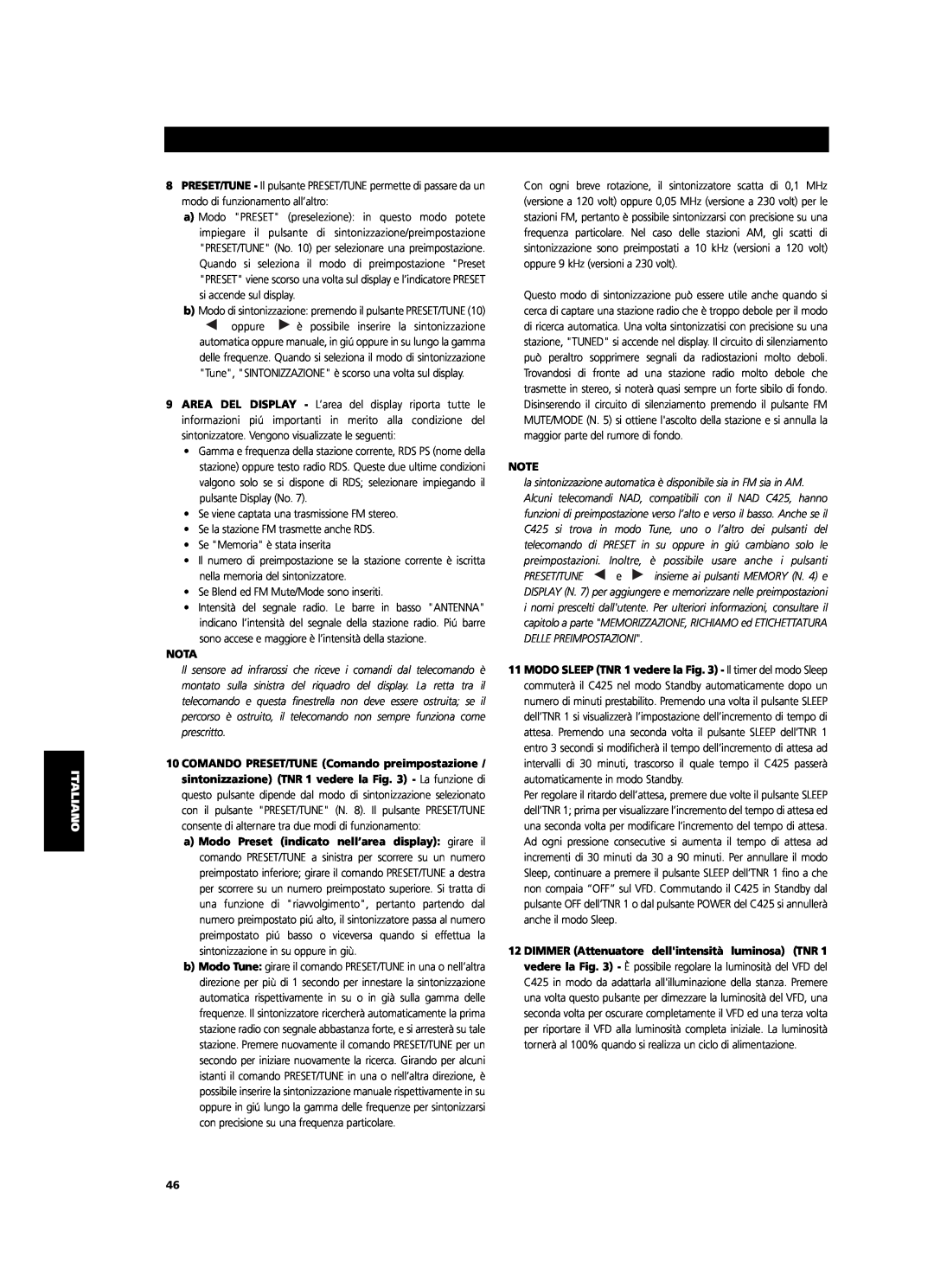 NAD C 425 owner manual Nota, COMANDO PRESET/TUNE Comando preimpostazione 