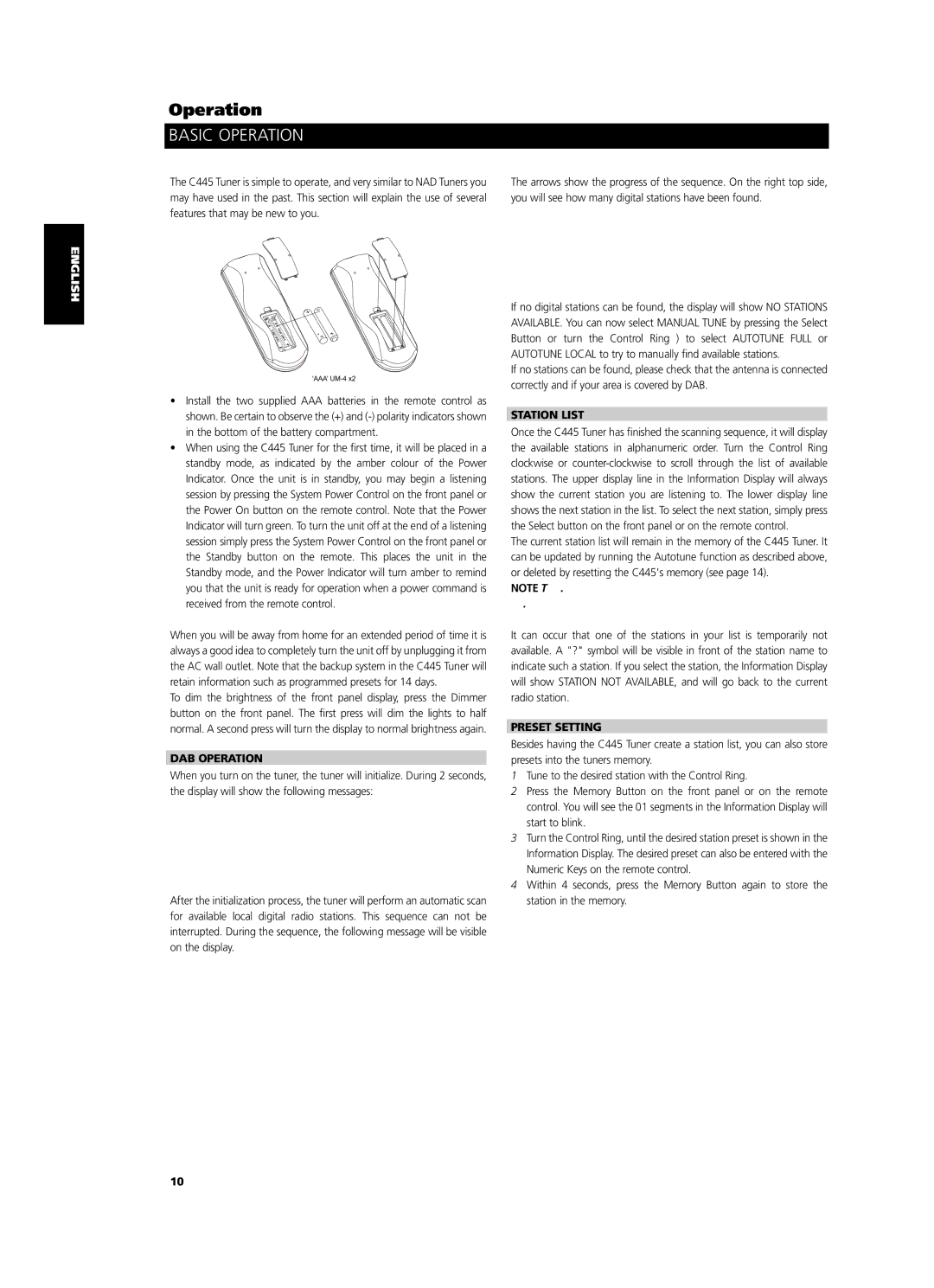 NAD C 445 owner manual Basic Operation, DAB Operation, Station List, Preset Setting 