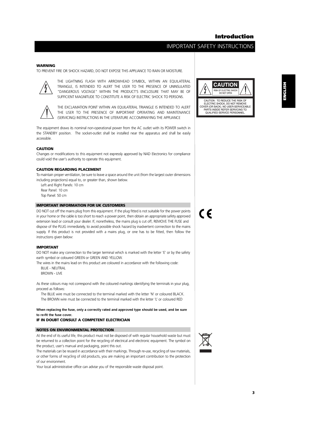 NAD C 445 owner manual Important Information for UK Customers, If in Doubt Consult a Competent Electrician 