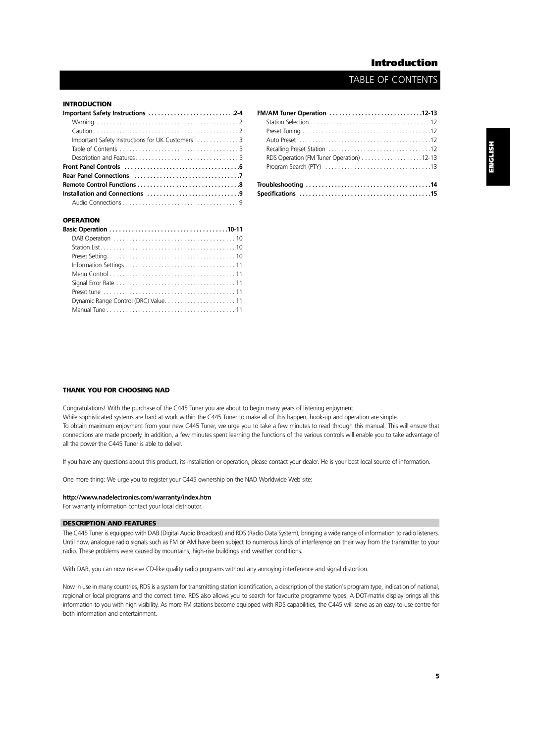 NAD C 445 owner manual Table of Contents 