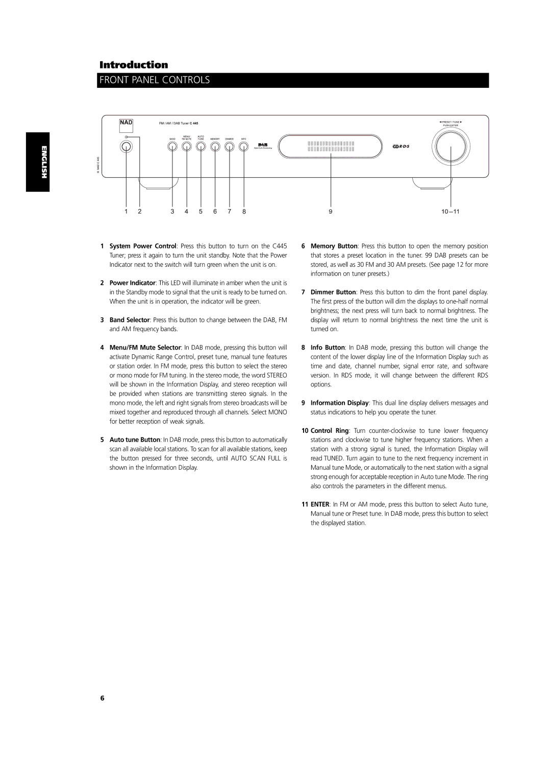 NAD C 445 owner manual Front Panel Controls 