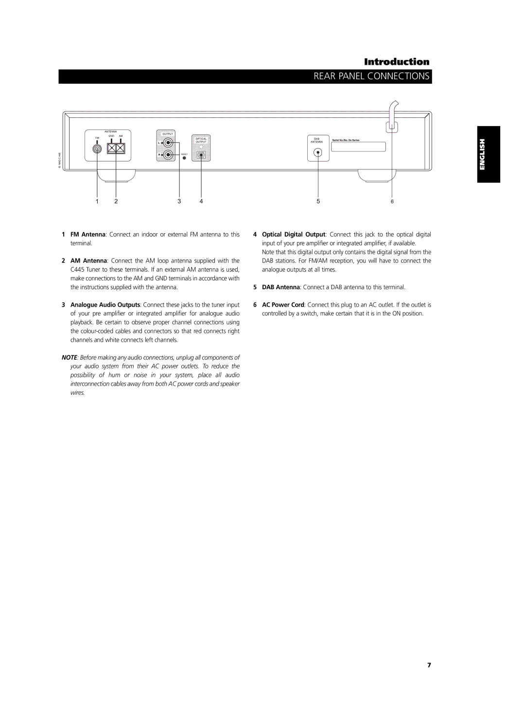 NAD C 445 owner manual Rear Panel Connections 