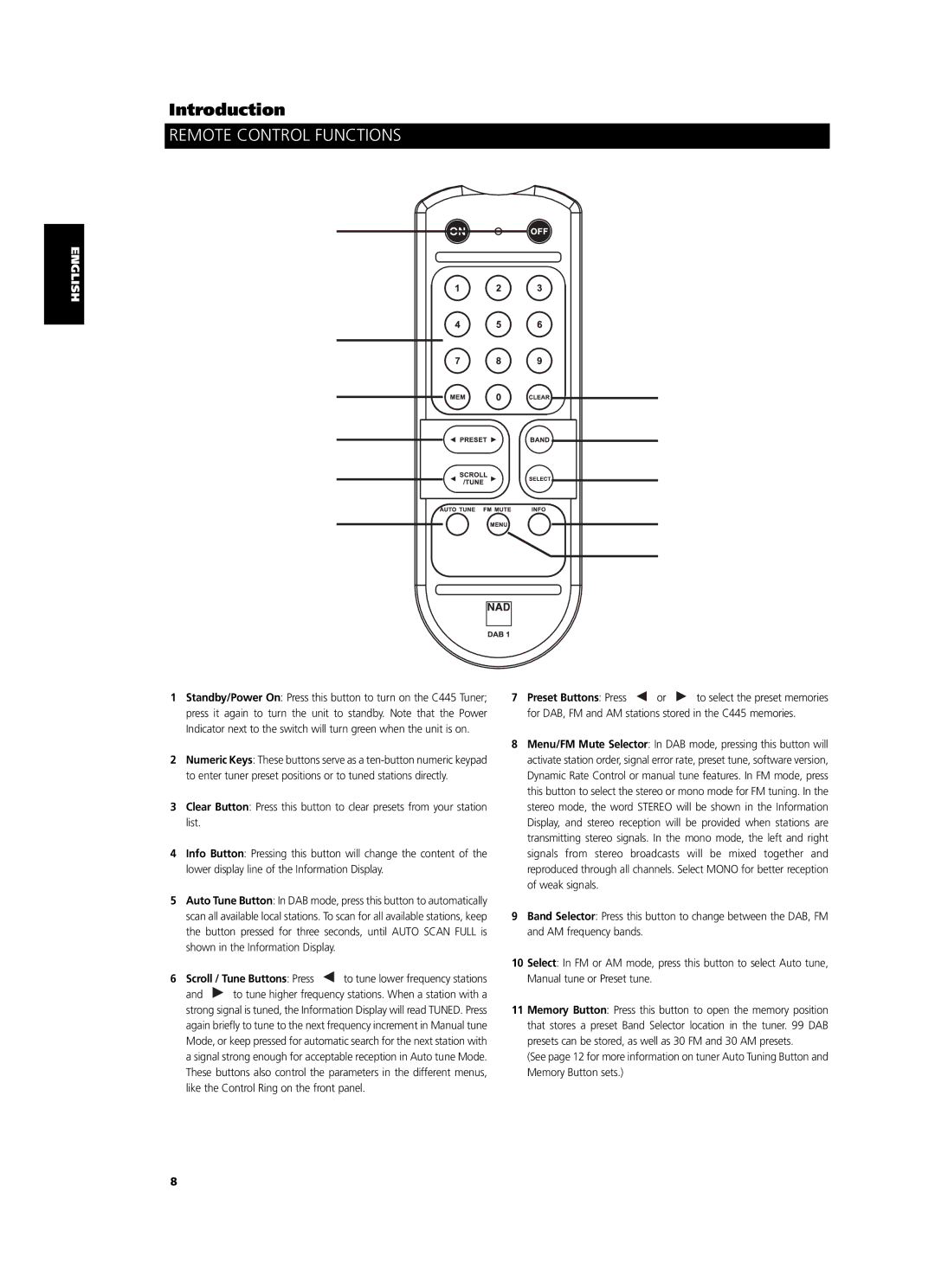 NAD C 445 owner manual Remote Control Functions, Español Italiano Português Svenska 