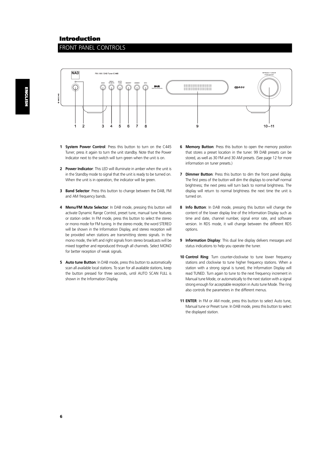 NAD C 445 owner manual Front Panel Controls, Introduction 
