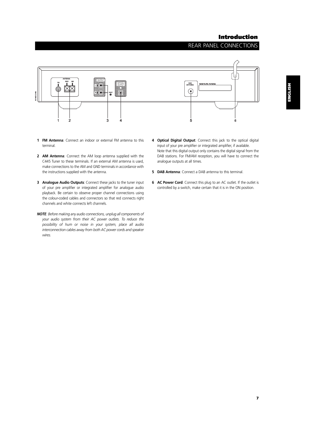 NAD C 445 owner manual Rear Panel Connections, Introduction 