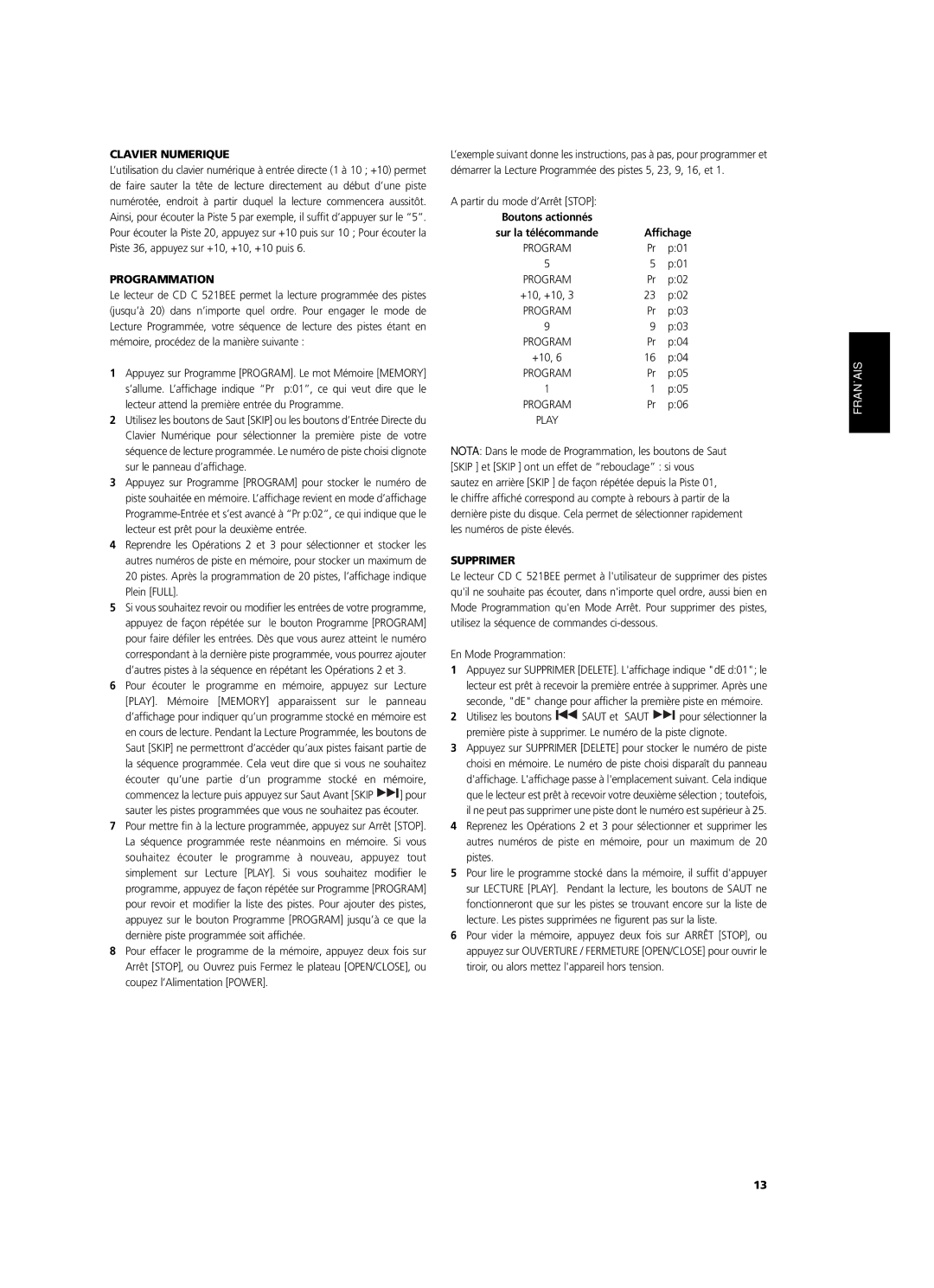 NAD C 521BEE owner manual Clavier Numerique, Partir du mode d’Arrêt Stop, Supprimer, En Mode Programmation 