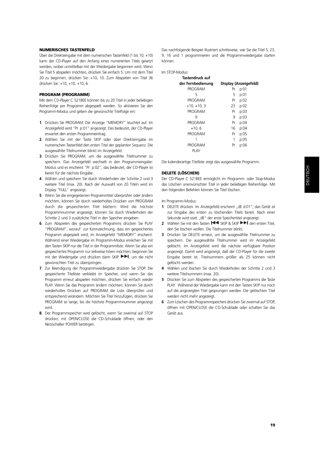 NAD C 521BEE owner manual Numerisches Tastenfeld, Program Programm, Delete Löschen, Im Programm-Modus 