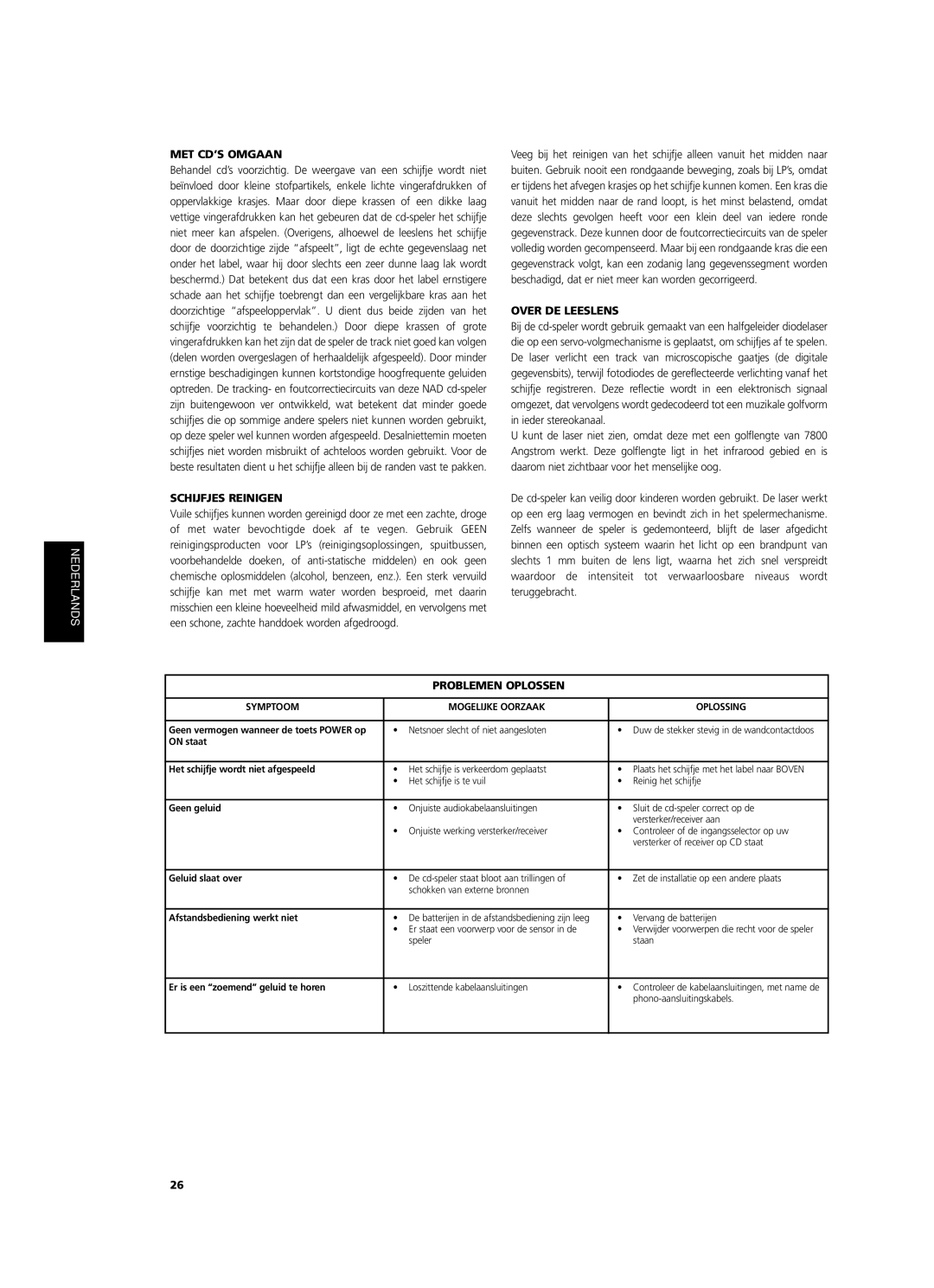 NAD C 521BEE owner manual MET CD’S Omgaan, Schijfjes Reinigen, Over DE Leeslens, Problemen Oplossen 