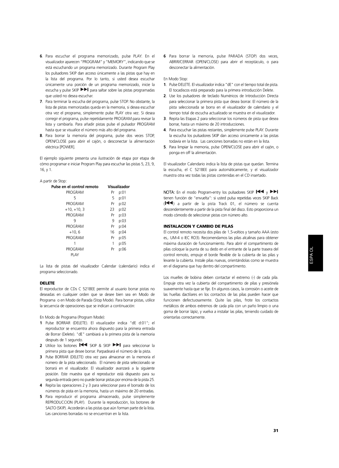 NAD C 521BEE owner manual Instalacion Y Cambio DE Pilas, Pulse en el control remoto Visualizador 