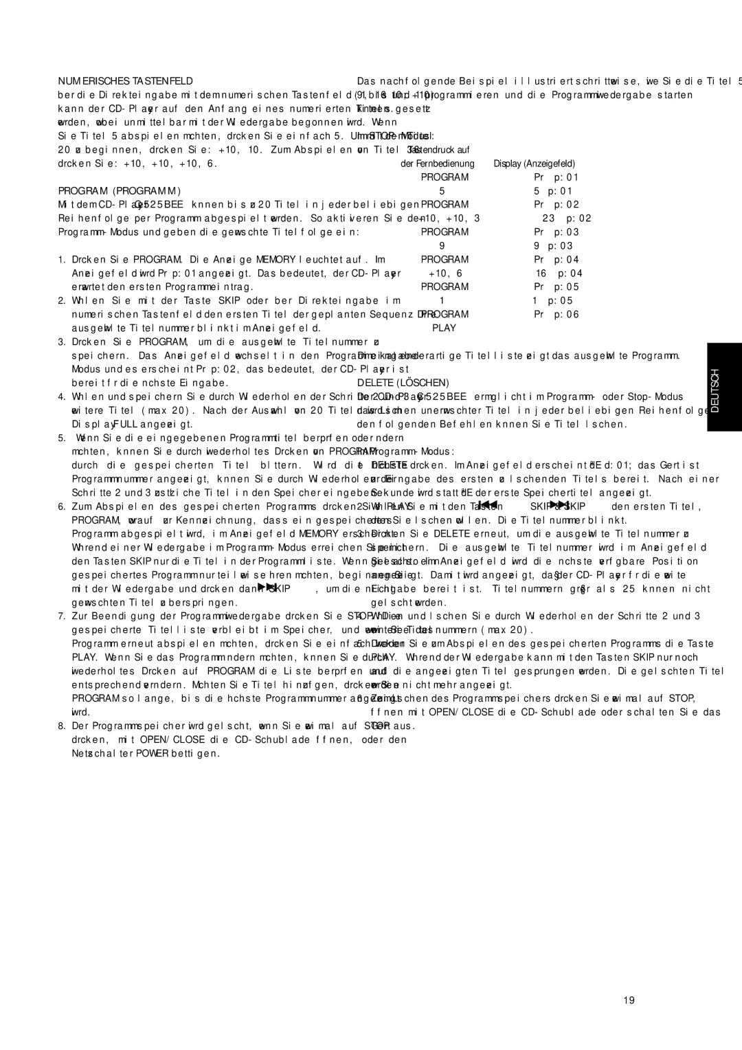 NAD C 525BEE owner manual Numerisches Tastenfeld, Program Programm, Delete Löschen, Im Programm-Modus 