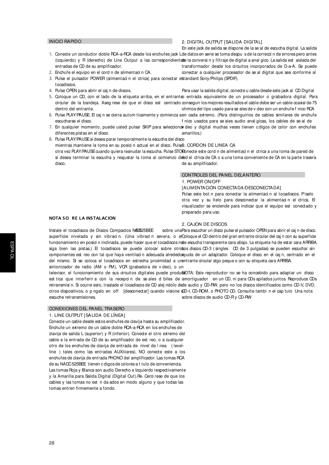 NAD C 525BEE Inicio Rapido, Nota Sobre LA Instalacion, Conexiones DEL Panel Trasero Line Output Salida DE Línea 