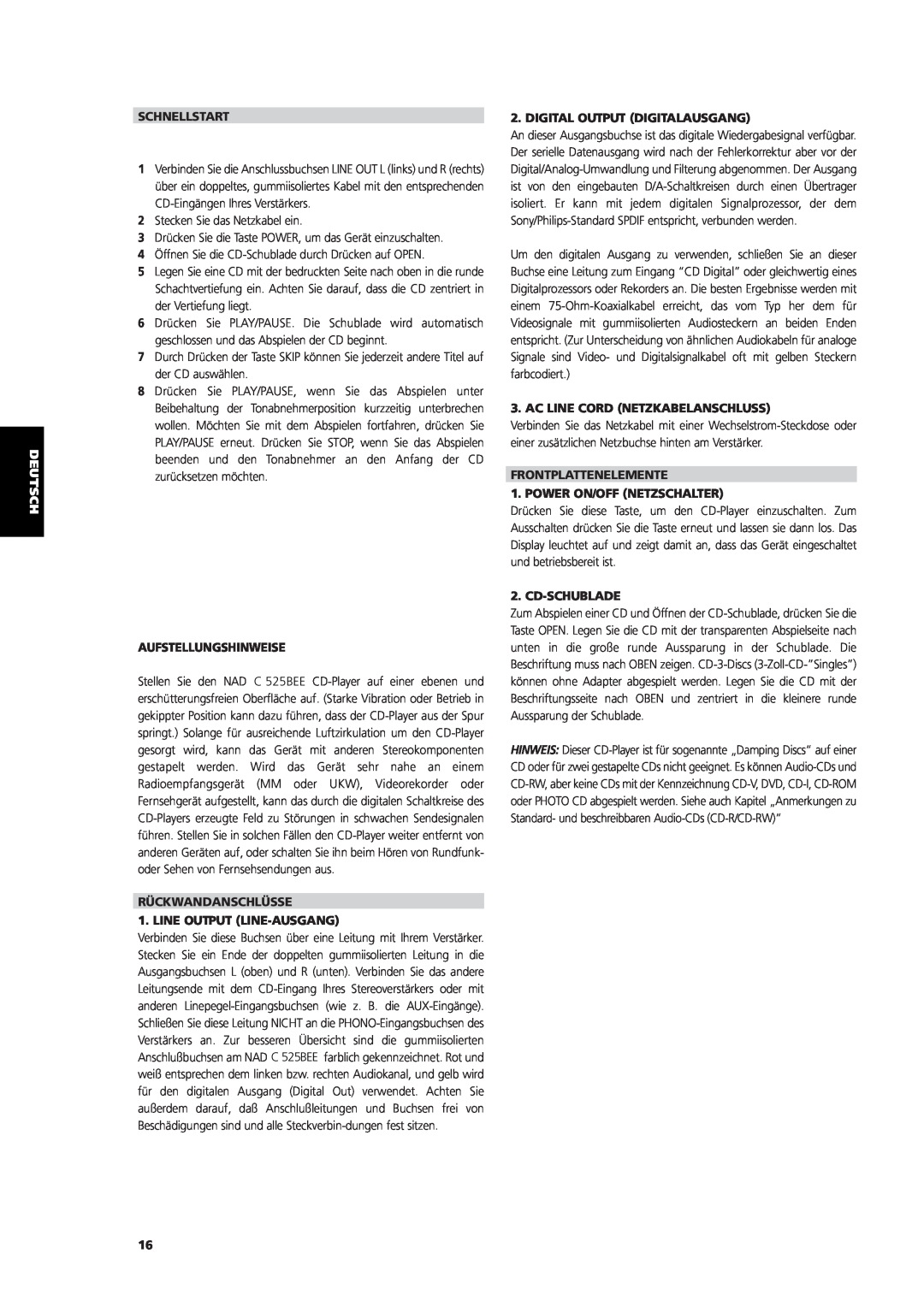 NAD C 525BEE owner manual Schnellstart, Aufstellungshinweise, RÜCKWANDANSCHLÜSSE 1. LINE OUTPUT LINE-AUSGANG, Cd-Schublade 