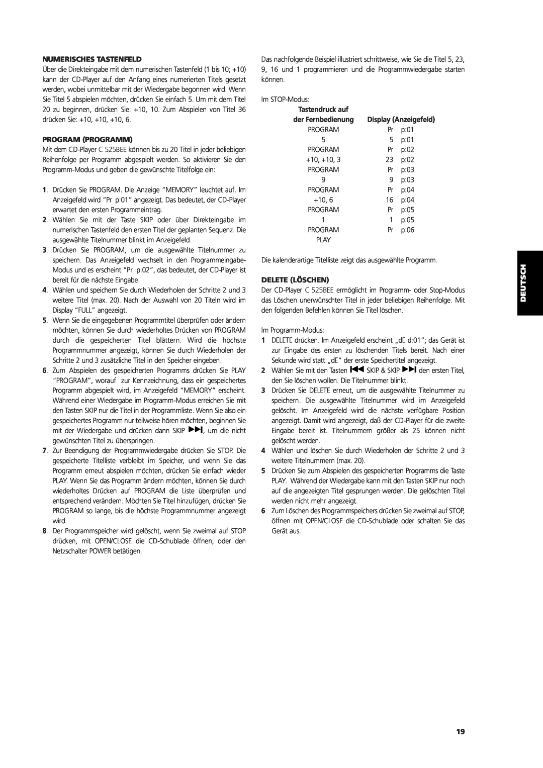 NAD C 525BEE owner manual Numerisches Tastenfeld, Program Programm, Delete Löschen 