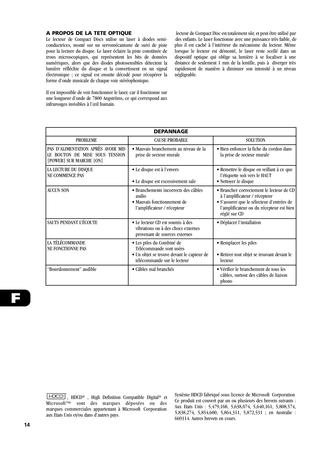 NAD C 542 owner manual Propos DE LA Tete Optique, Depannage 