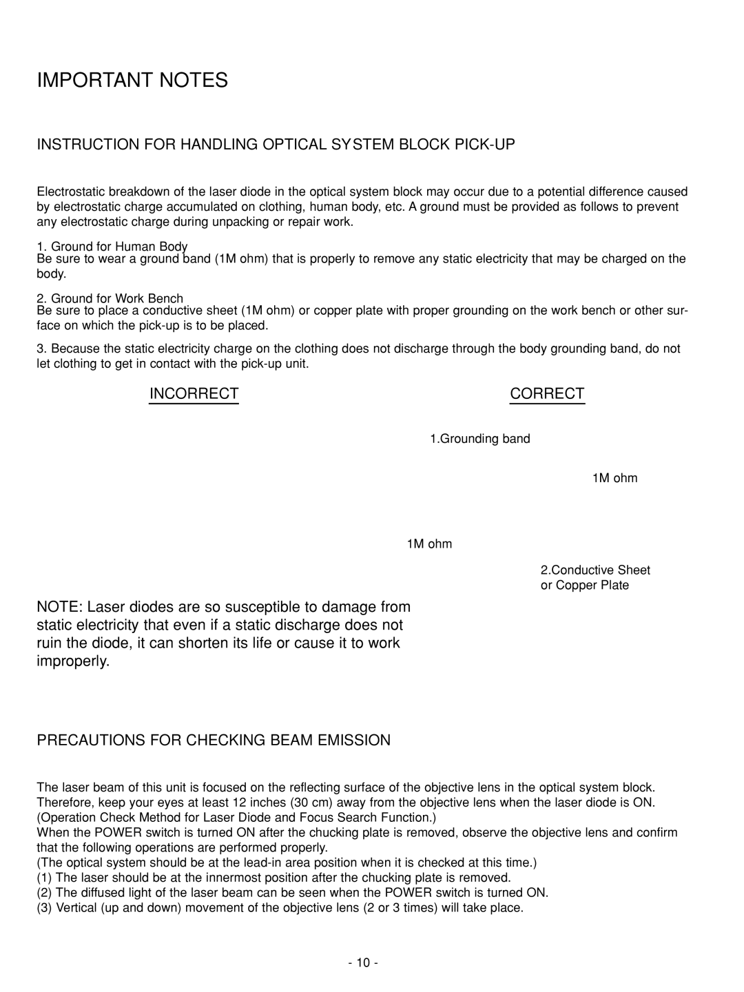 NAD C 542 Important Notes, Instruction for Handling Optical System Block PICK-UP, Precautions for Checking Beam Emission 