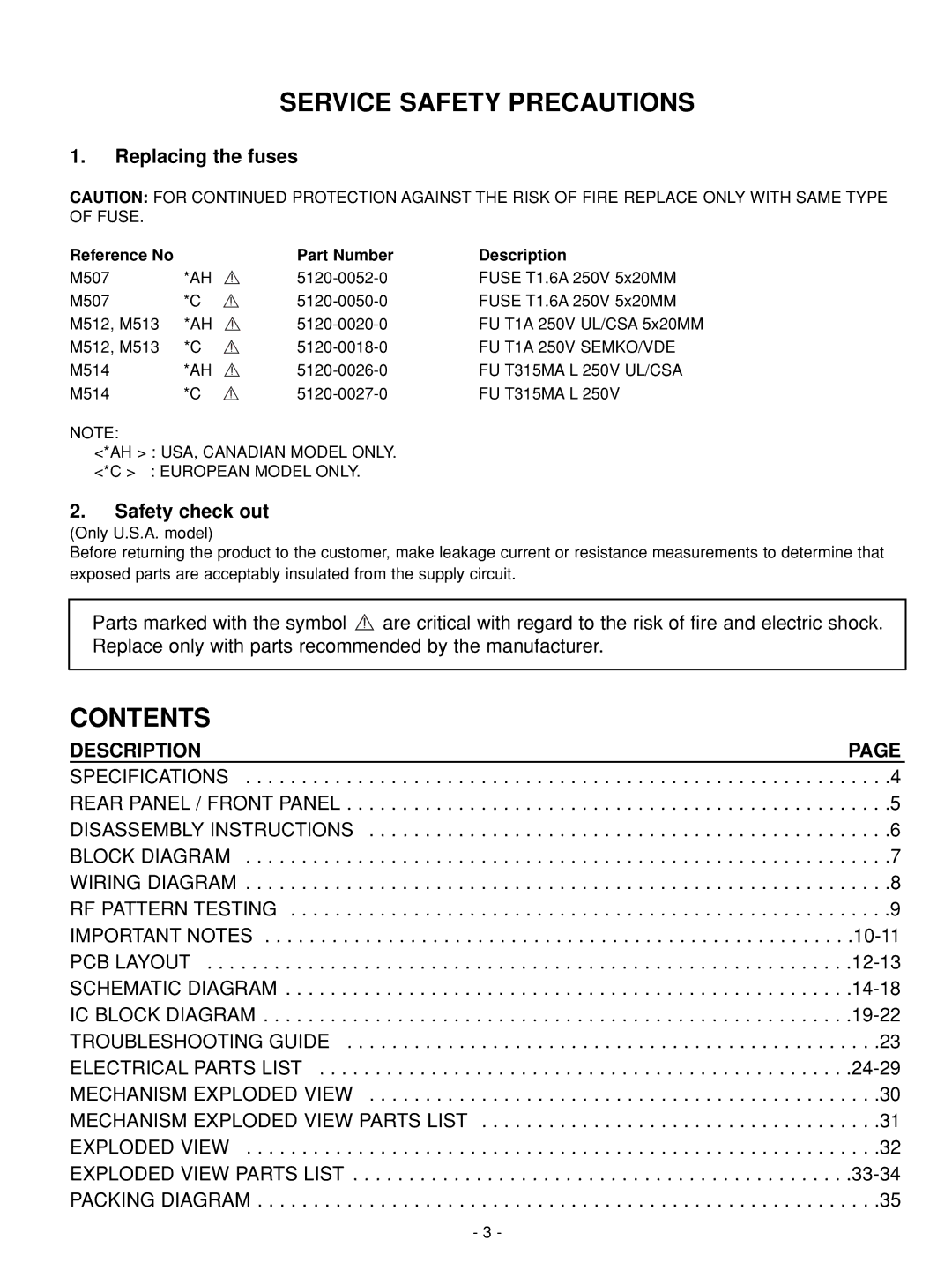 NAD C 542 service manual Service Safety Precautions, Contents 