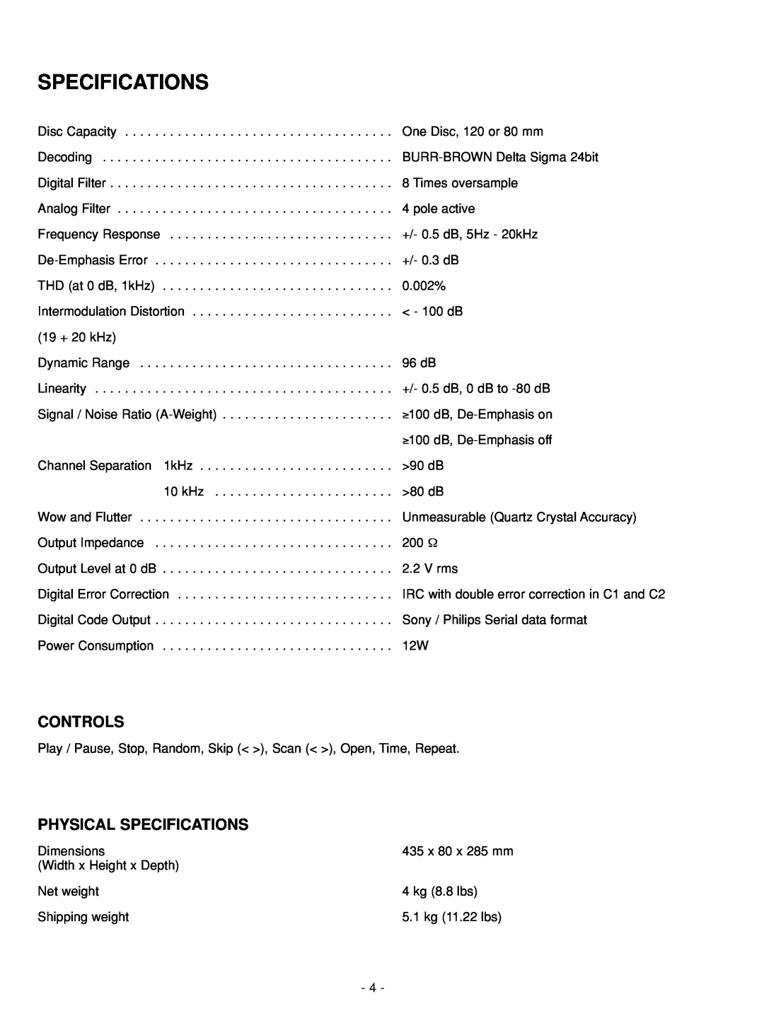 NAD C 542 service manual Controls, Physical Specifications 