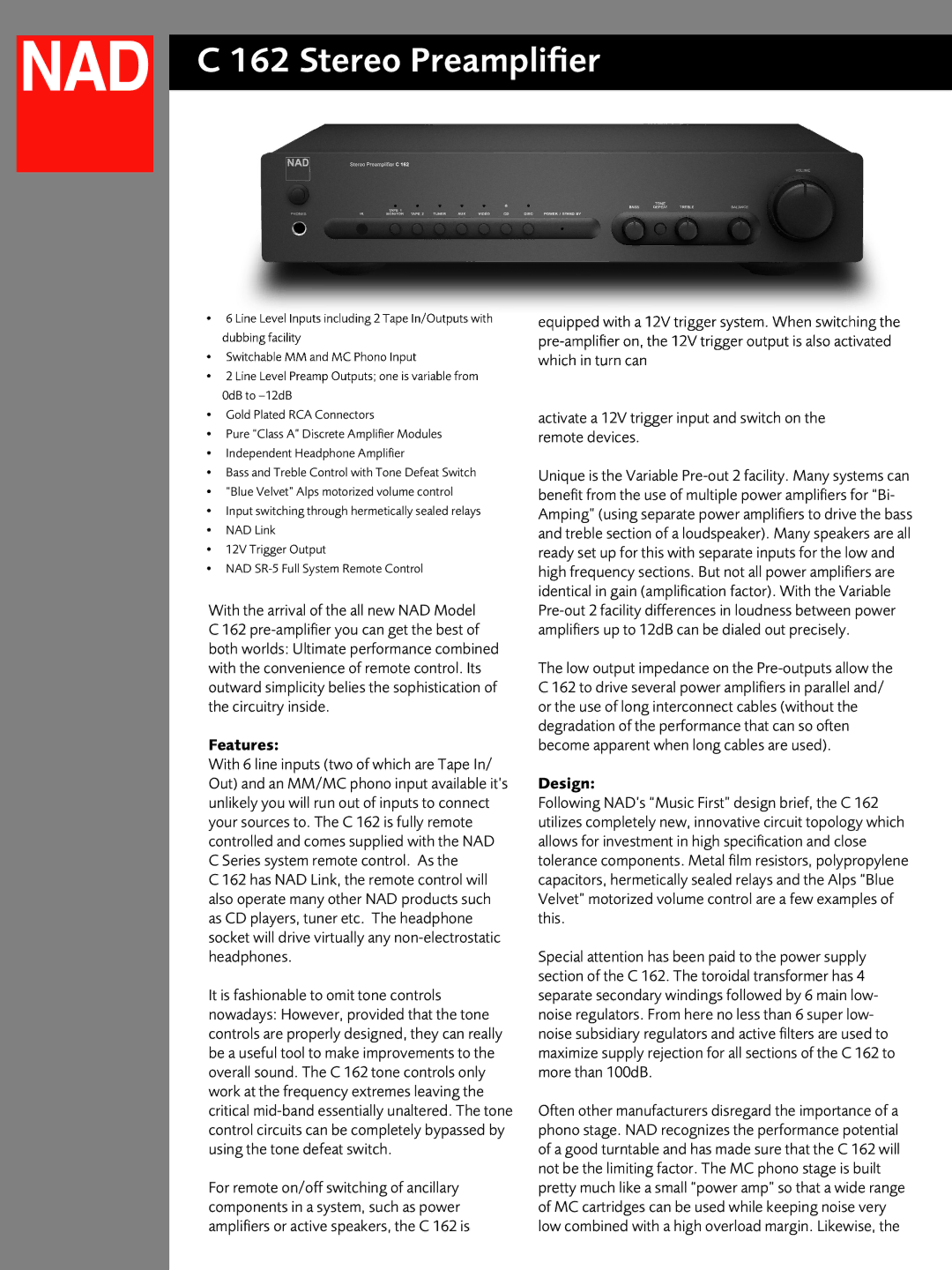 NAD C162 manual Stereo Preamplifier, Features, Design 