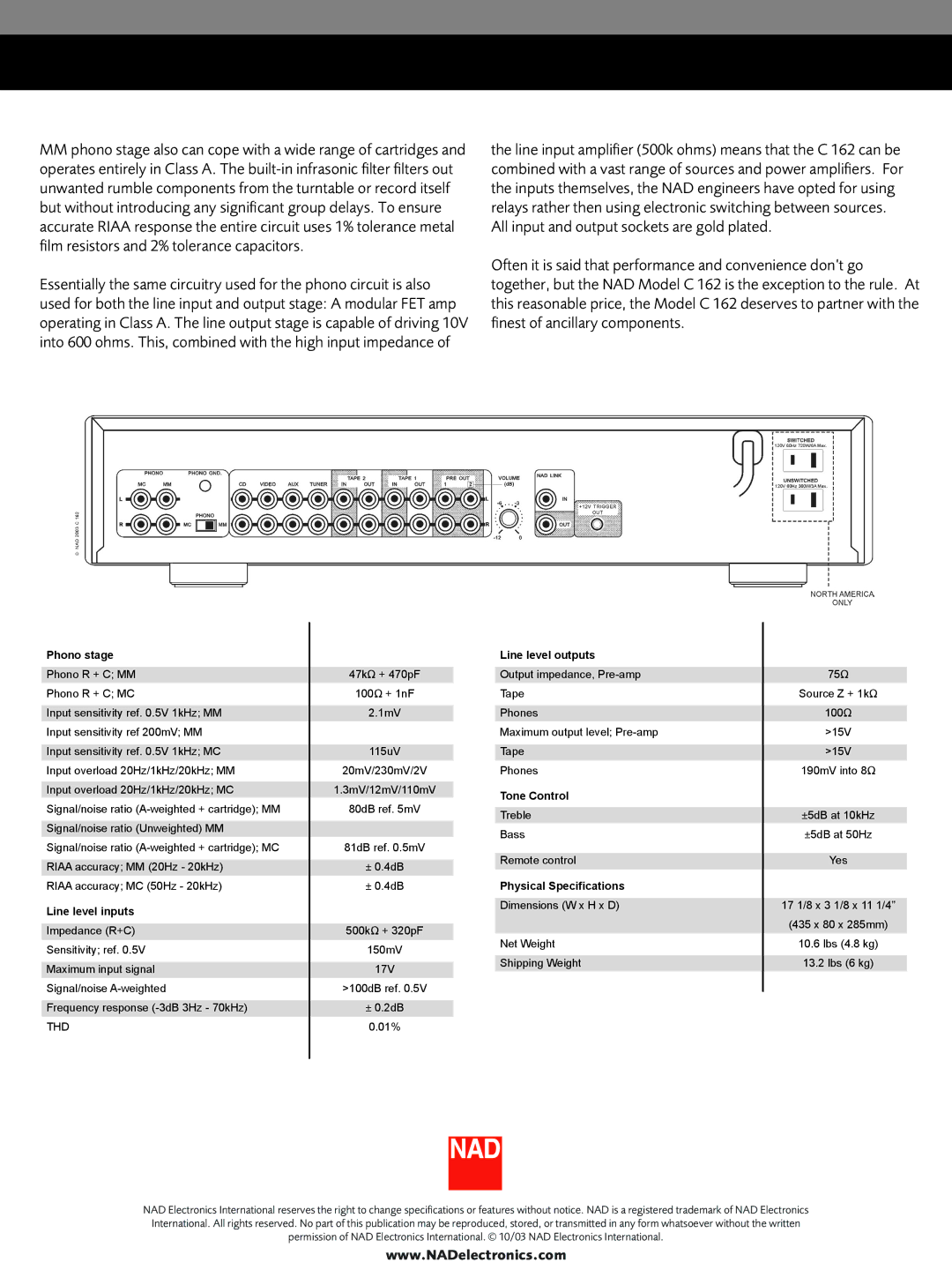 NAD C162 manual Phono stage Line level outputs, Tone Control, Physical Specifications Line level inputs, Thd 