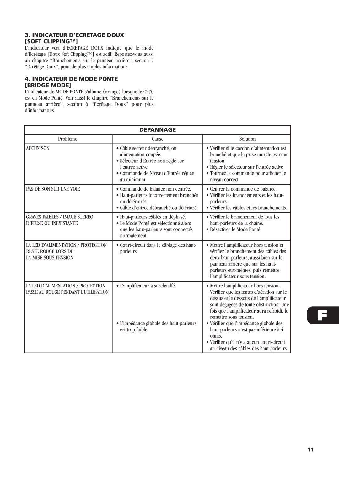 NAD C270 owner manual Indicateur D’ECRETAGE Doux Soft Clipping, Indicateur DE Mode Ponte Bridge Mode, Depannage 