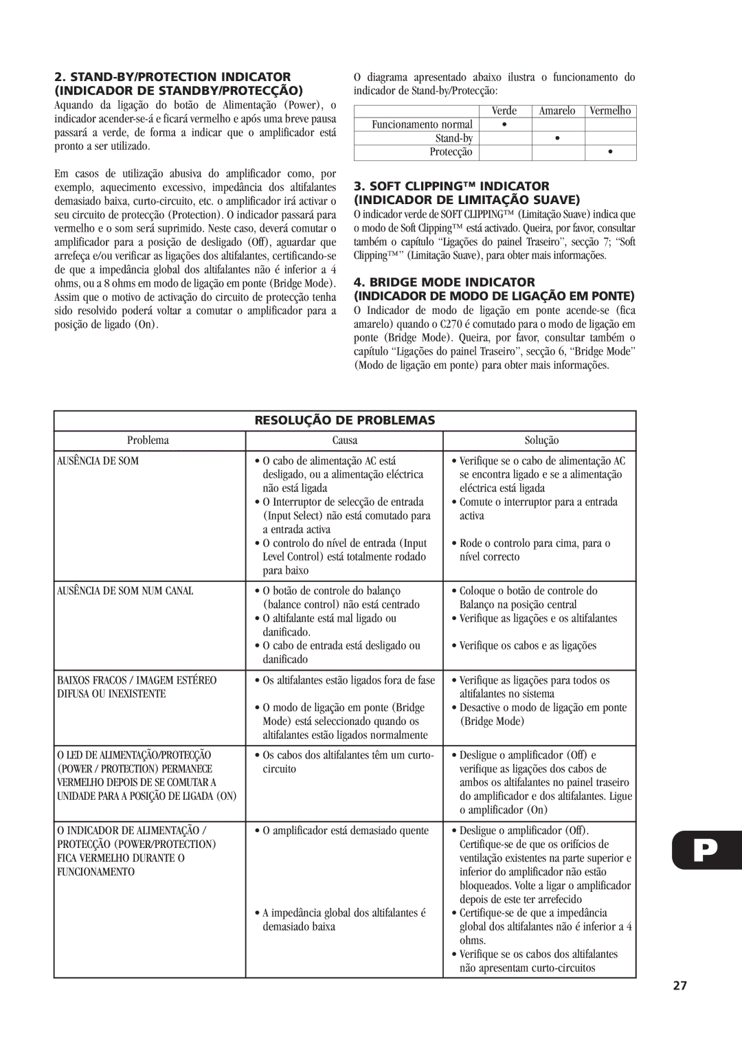 NAD C270 owner manual Soft Clipping Indicator Indicador DE Limitação Suave, Resolução DE Problemas 