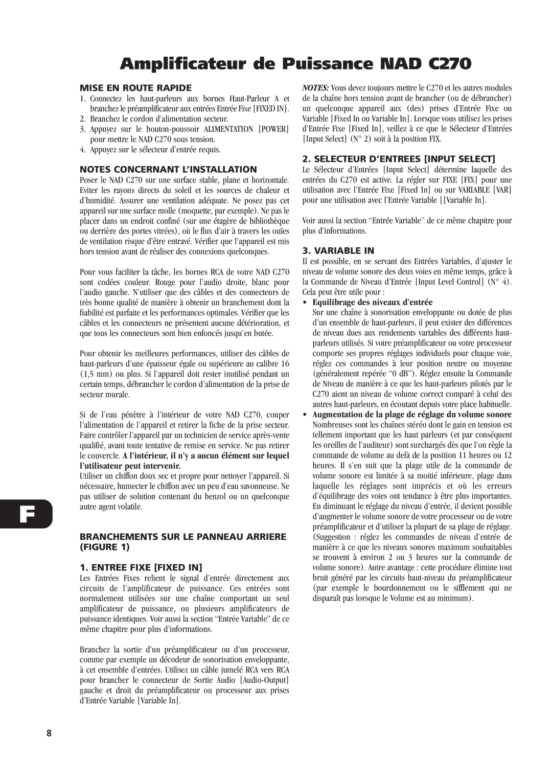 NAD owner manual Amplificateur de Puissance NAD C270, ’utilisateur peut intervenir, Equilibrage des niveaux d’entrée 