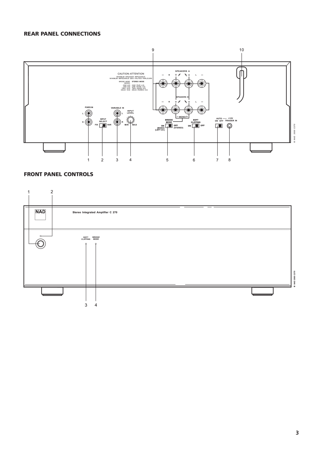 NAD C270 owner manual Rear Panel Connections Front Panel Controls 