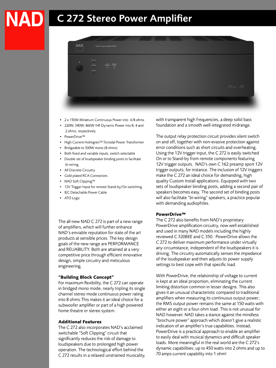 NAD C272 brochure Stereo Power Ampliﬁer, Building Block Concept, Additional Features, PowerDrive 