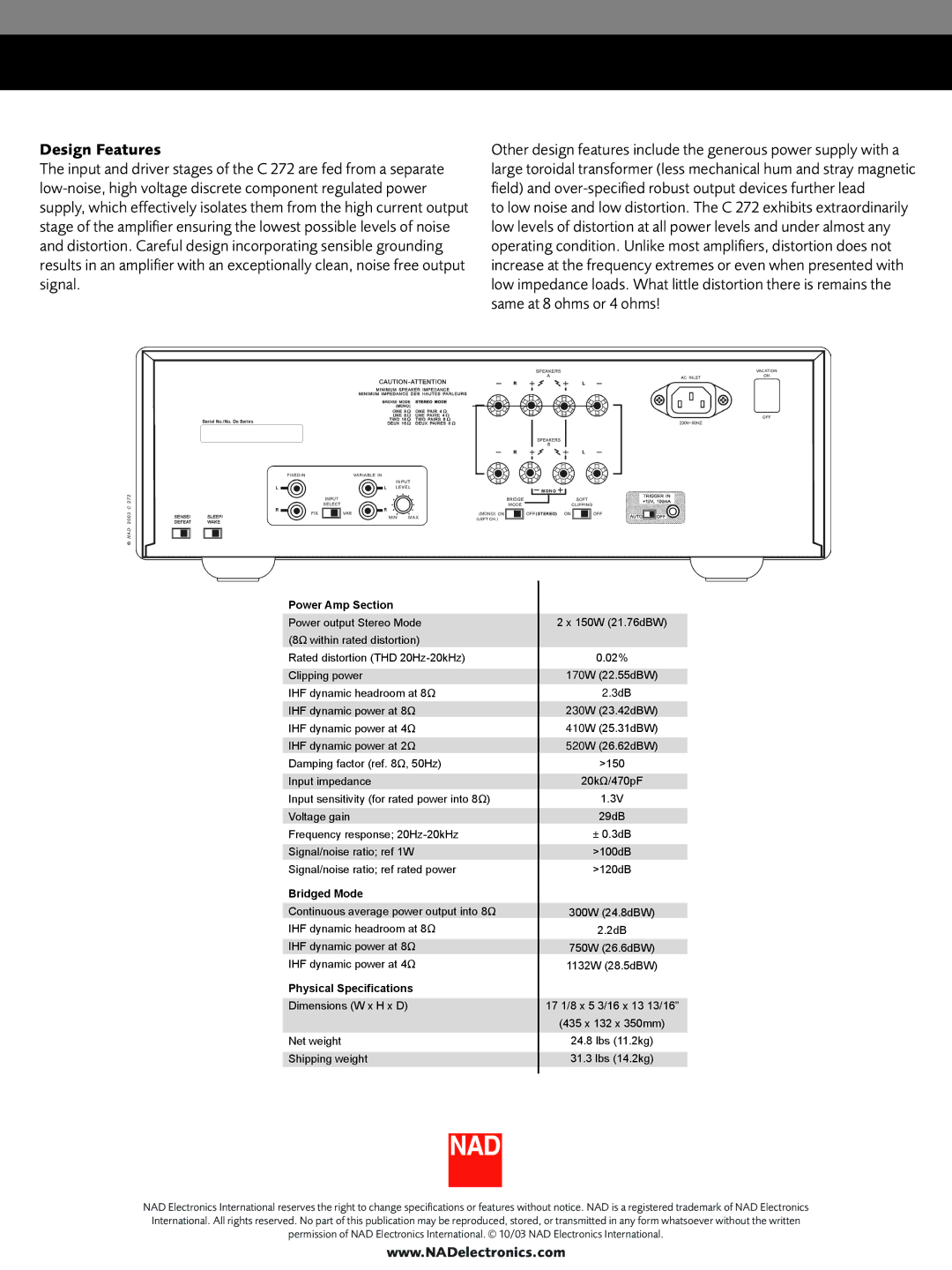 NAD C272 brochure Design Features, Power Amp Section, Bridged Mode, Physical Specifications 