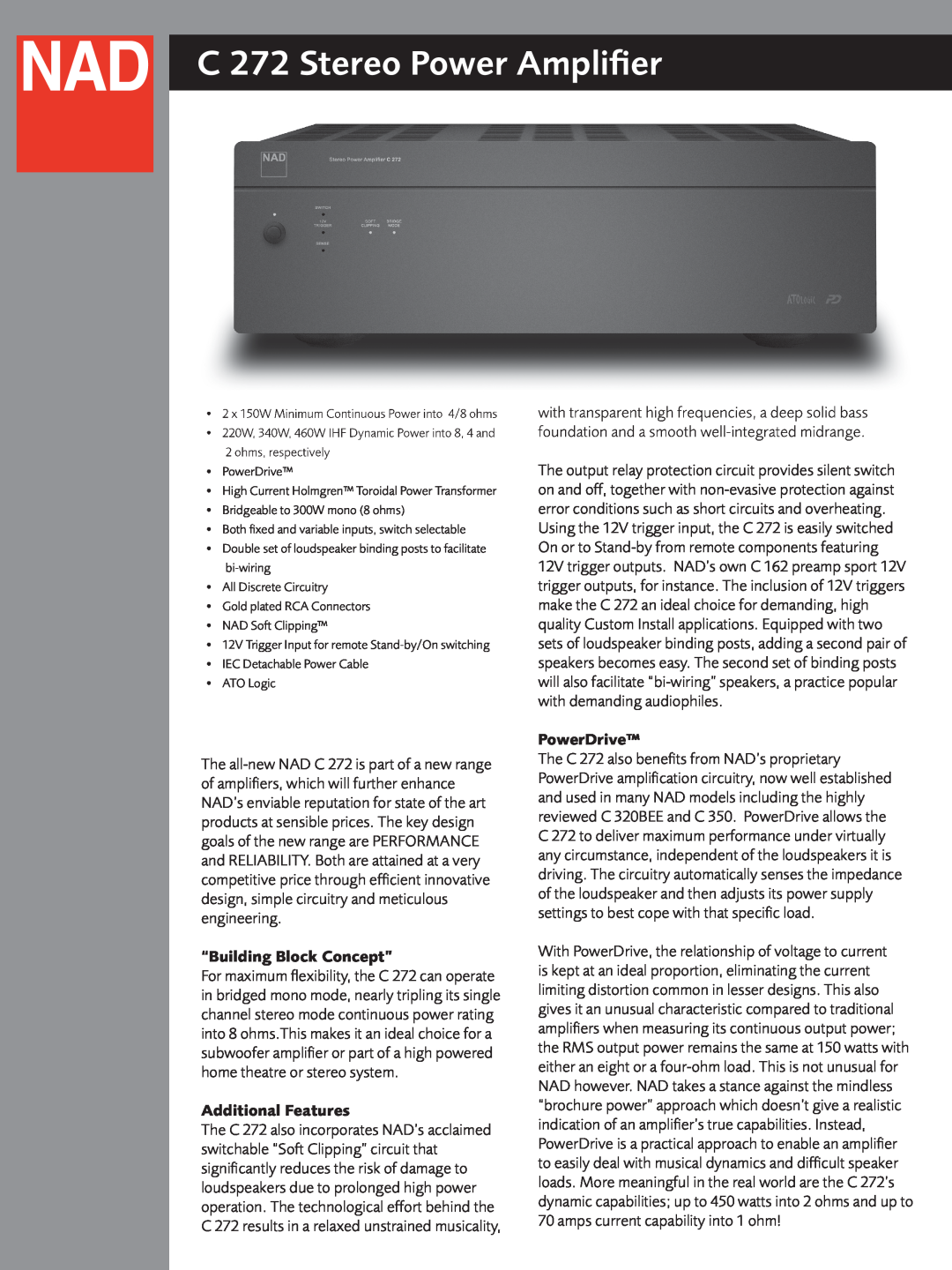NAD C272 brochure “Building Block Concept”, Additional Features, PowerDrive, C 272 Stereo Power Ampliﬁer 