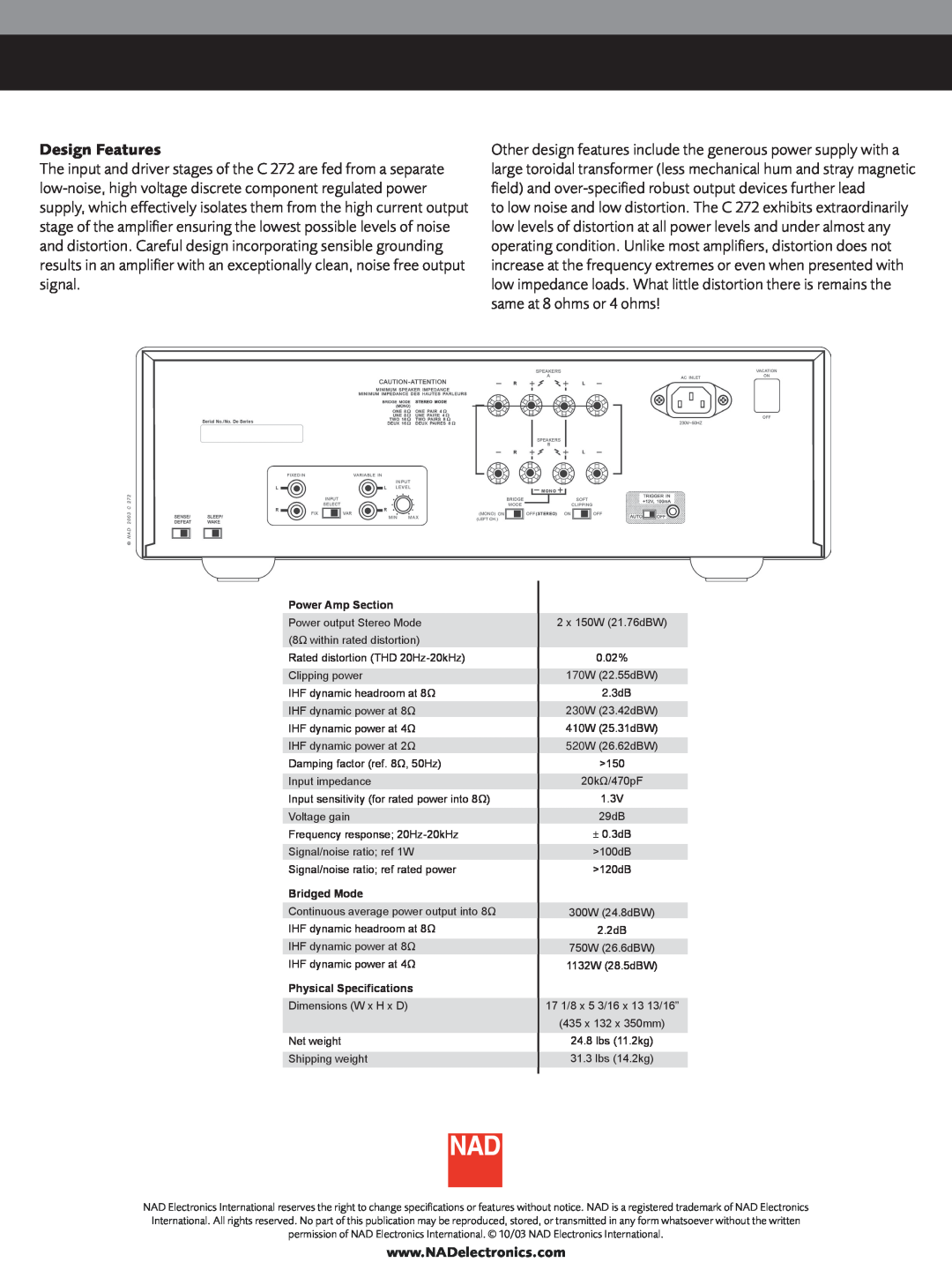NAD C272 brochure Design Features, Power Amp Section, Bridged Mode, Physical Specifications 