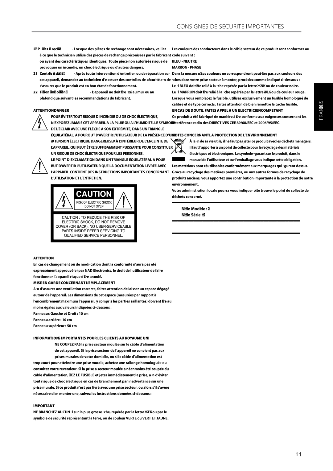 NAD C315BEE owner manual De Modèle De Série, Mise EN Garde Concernant L’EMPLACEMENT, Le fil 