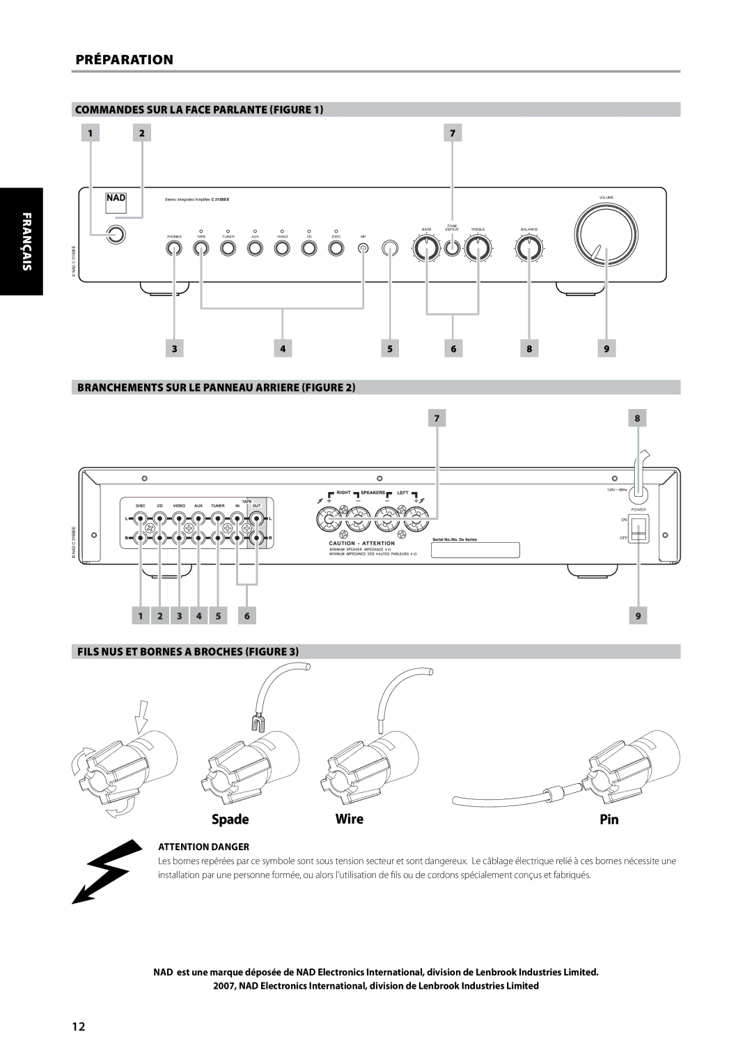 NAD C315BEE owner manual Préparation, Commandes SUR LA Face Parlante Figure 