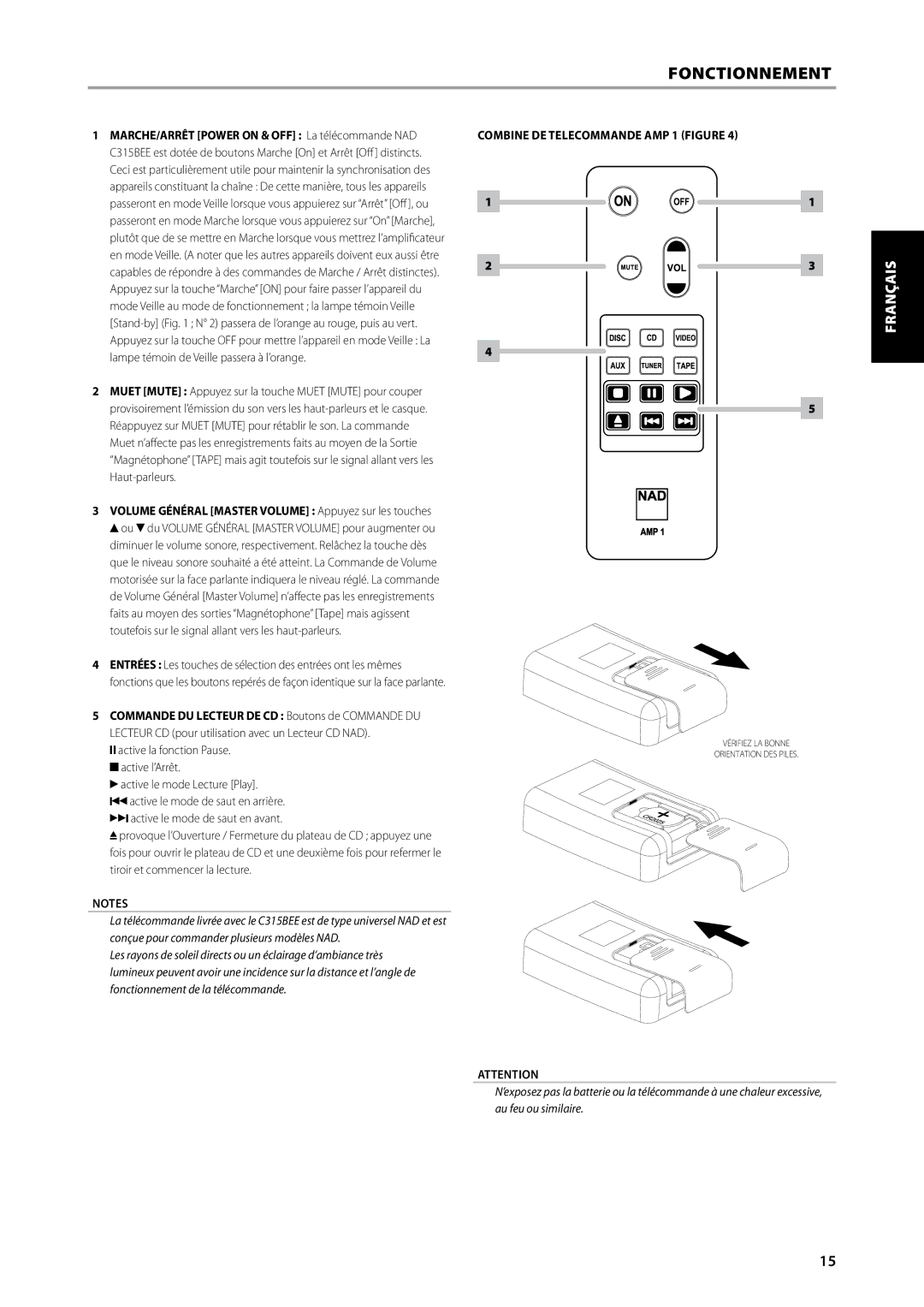 NAD C315BEE owner manual Combine DE Telecommande AMP 1 Figure, Volume Général Master Volume Appuyez sur les touches 